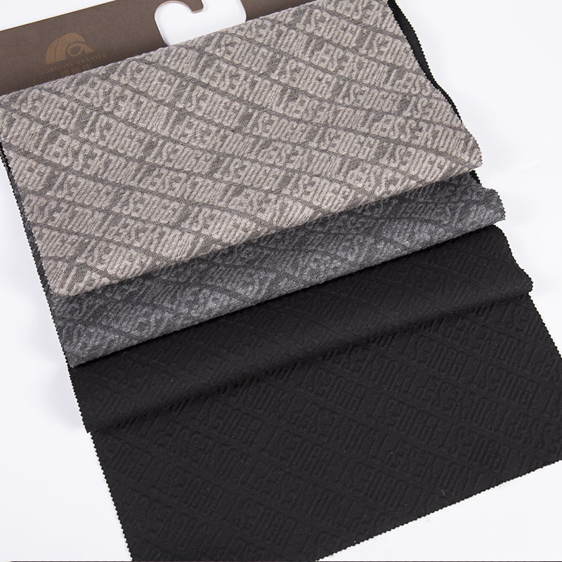 의류 AW23016를 위한 양각된 편지 능직물 니트 자카드 폴리에스테르 비스코스 스판덱스 운동복 직물